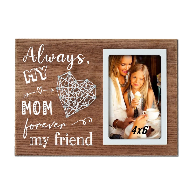 Buecasa Mom Gifts from Daughter and Son - Mother Birthday Picture Frame String Heart in Grainwood 4x6 Inches - Always My Mom Forever My Friend - Image 1
